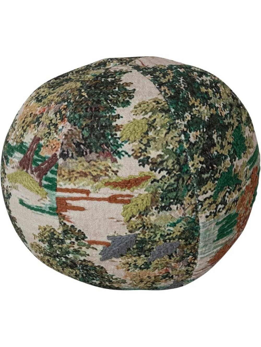 Colorful Round Fabric Printed Orb Pillow with Landscape Design & Embroidery